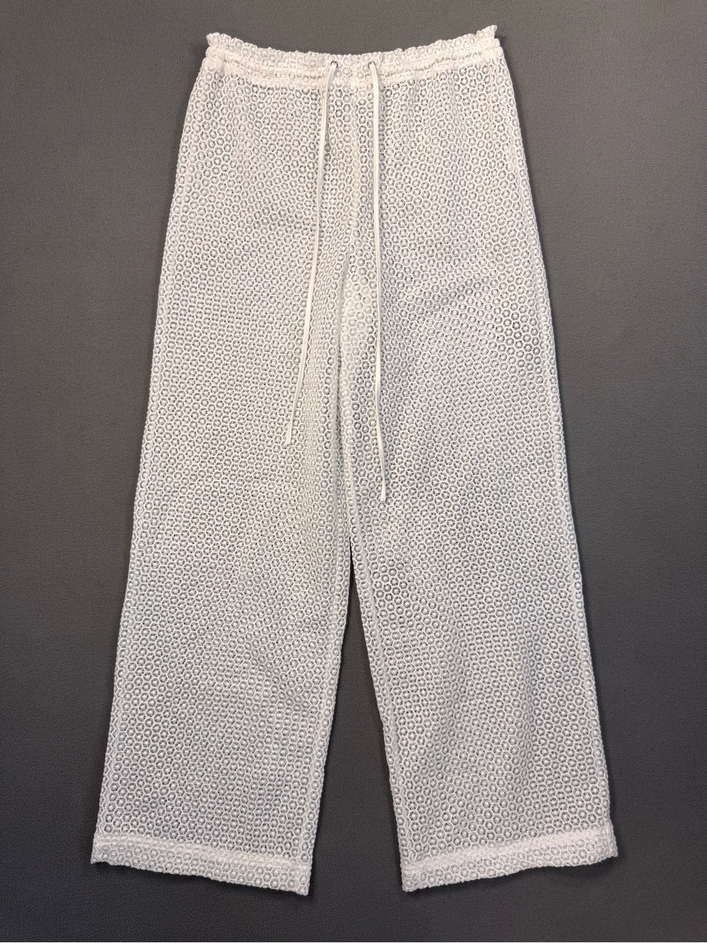 Mistress Rocks Sheer Wide Leg Crochet Knit Pants in White, Milk Silk, Medium
